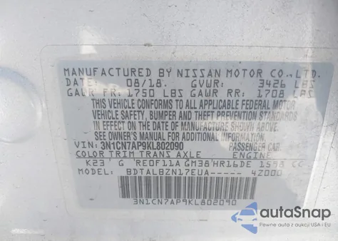 2019 Nissan Versa 1.6 Sv из США, поврежденный, VIN 3N1CN7AP9KL802090